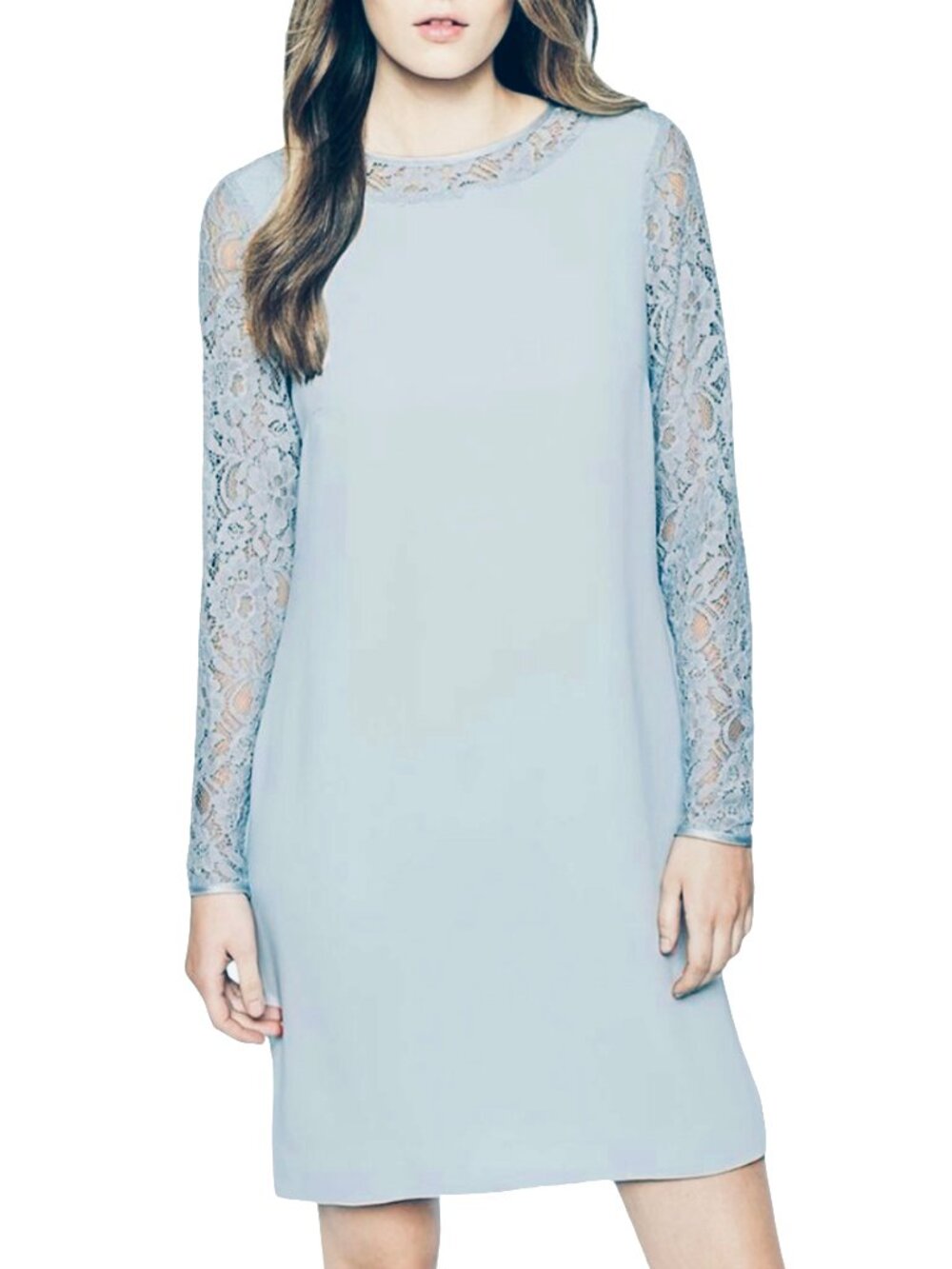 Reiss Cersei Pastel Blue Shift Dress Lace Sleeve Minimalist